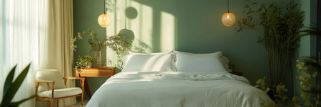 A serene bedroom showcases a large bed dressed in white lines surrounded by soft green walls and well placed plants. Gentle sunlight filters through sheer curtains, creating a peaceful ambiance.の素材