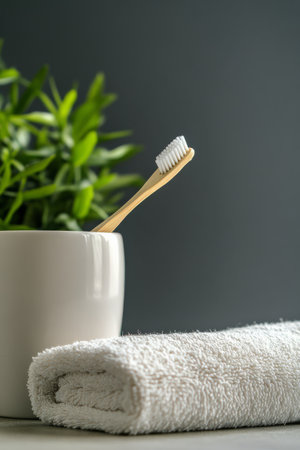 A cozy bathroom setup features a bamboo toothbrush standing in a white cup. Soft towels are rolled neatly beside it, with lush green plants adding a touch of nature to the decor.の素材