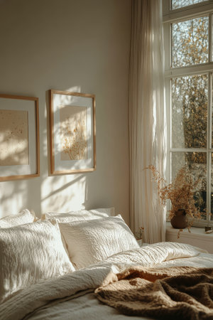 Sunlight filters through a window, casting soft shadows in a cozy bedroom. Yellow pillows and warm tones create a relaxing atmosphere, complemented by simple wall art and natural elements.の素材