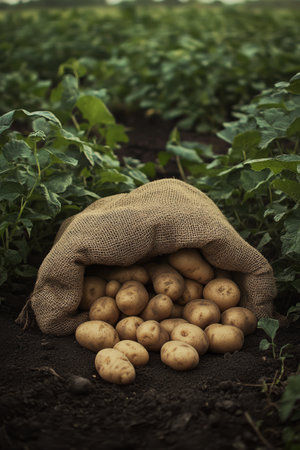 Potatoes are spread out from a burlap sack onto dark soil in a farm field. Lush green plants surround the sack, indicating a rich harvest during late afternoon light.の素材