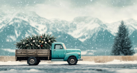 A classic turquoise truck carries a festive Christmas tree, adorned with ornaments, through a snowy landscape with majestic mountains in the background, creating a serene winter atmosphere.の素材