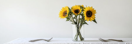 A simple white table is adorned with a clear vase containing vibrant sunflowers, set against a bright wall. Two sets of silverware are placed on the table, suggesting an inviting atmosphere.の素材