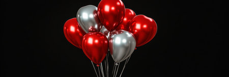 A cluster of shiny red and silver balloons fills the frame, creating a joyful and festive atmosphere. These colorful decorations are perfect for parties, gatherings, or special occasions.の素材