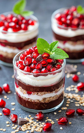 Three elegant dessert cups display layers of rich chocolate mousse, creamy topping, and fresh pomegranate seeds. Garnished with mint leaves, they offer a vibrant and tasty treat.の素材