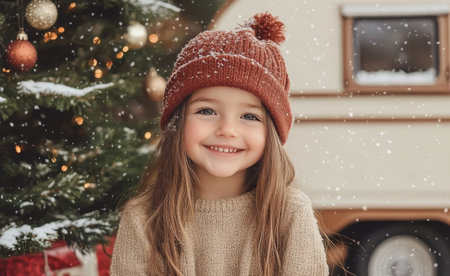 A young girl with long hair and a warm brown hat smiles brightly while sitting beside a decorated Christmas tree. Snow is falling around her, creating a festive winter atmosphere.の素材