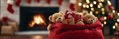Teddy bears sit snugly in a red bag next to a crackling fireplace. Soft glow from Christmas lights enhances the festive atmosphere, creating a warm and inviting holiday scene.の素材