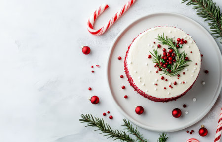 A beautiful Christmas cake features white frosting, garnished with red berries and holly leaves, surrounded by candy canes and winter decorations, evoking holiday spirit.の素材