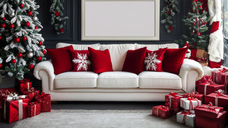 A festive living room is adorned with a beautifully decorated Christmas tree and wrapped gifts. The elegant couch features rich red pillows, creating a warm, inviting atmosphere for the holidays.の素材