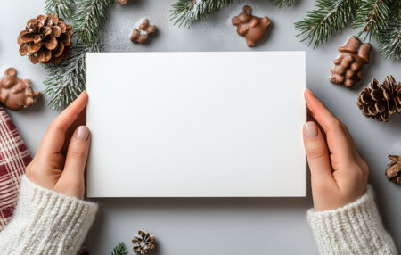 A cozy winter themed arrangement featuring pinecones, ornaments, and chocolate figures surrounding a blank canvas. This setting invites creativity during the holiday season.の素材