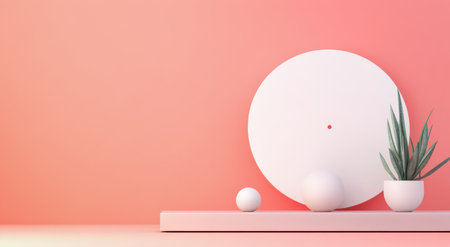 A minimalist arrangement showcases a large white disc, a smaller sphere, and a decorative plant in a pot. The backdrop is a soft pastel pink, adding warmth and simplicity to the setting.の素材