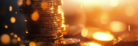 Golden coins are stacked on each other, illuminated by a soft glow that creates an enchanting atmosphere. The warm light enhances the richness of the coins and their details.の素材
