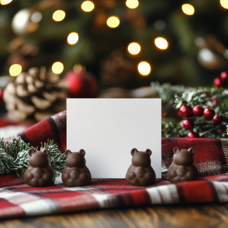 Four small decorative mice are placed on a cozy table covered with a red plaid cloth. A blank card sits in front of them surrounded by festive greenery and shimmering holiday lights.の素材