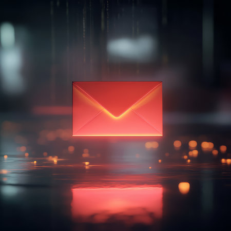 A glowing red envelope hovers above a reflective surface in a dim, misty setting. Surrounding it are soft lights and shimmering particles, creating a mysterious atmosphere.の素材