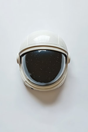A distinct astronaut helmet displayed against a white background, showing its sleek design and reflective visor. The visor reveals a starry sky, enhancing the space theme.の素材