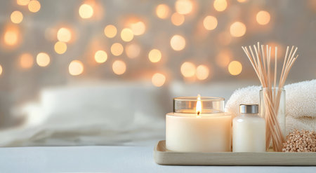A serene setting featuring a lit scented candle beside a diffuser and decorative stones on a tray. The background is softly illuminated with warm lights, creating a soothing ambiance.の素材