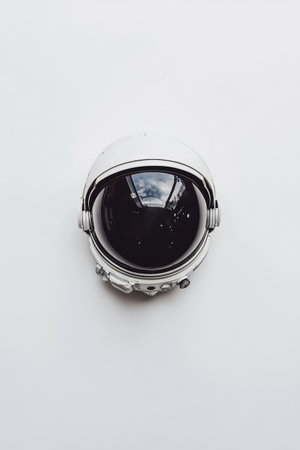 A distinct astronaut helmet displayed against a white background, showing its sleek design and reflective visor. The visor reveals a starry sky, enhancing the space theme.の素材