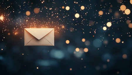 An elegant envelope hovers mid air, surrounded by shimmering bokeh lights that create a magical atmosphere, suggesting a celebration or special occasion.の素材