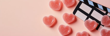 Heart shaped candies are scattered next to a classic film clapperboard on a soft pastel background. This playful arrangement suggests a blend of sweetness and cinematic creativity.の素材