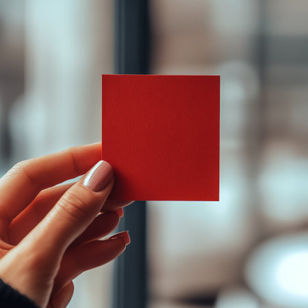 A person is holding a small red square paper with a blurred interior of a modern cafe in the background. The hand features neat red nails, adding charm to the image.の素材