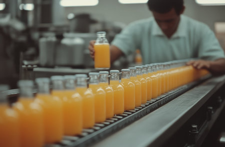 Yellow beverage bottles are progressing along a conveyor belt in a contemporary factory. The production line is busy with automated machinery and bright lighting, indicating efficient manufacturing.の素材