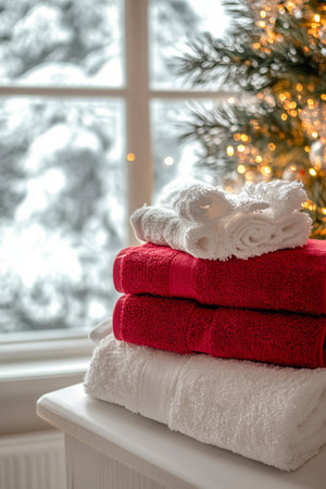 Cozy towels are neatly arranged on a table, with a festive touch of ornaments on top. A Christmas tree nearby sparkles with lights against a snowy outdoor backdrop.の素材