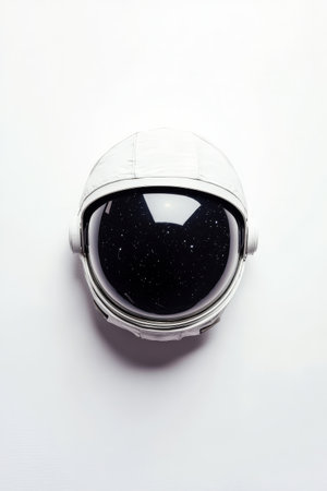 A distinct astronaut helmet displayed against a white background, showing its sleek design and reflective visor. The visor reveals a starry sky, enhancing the space theme.の素材