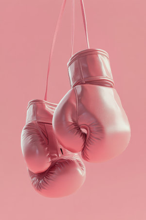 Two pink boxing gloves are suspended against a smooth pastel background, showing their soft texture and stylish design. The scene emphasizes a contemporary and vibrant atmosphere.の素材