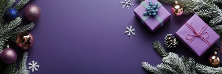 Purple gifts wrapped with ribbons are arranged among festive ornaments on a deep background. Sprigs of evergreen and winter decorations complete the cheerful holiday display.の素材