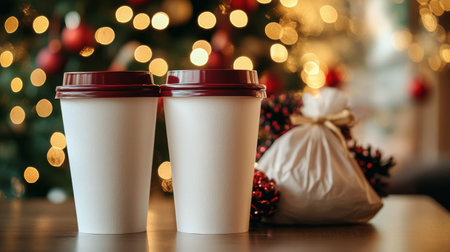 On a wooden tabletop, two empty coffee cups are placed near a decorative bag and pine cones. A softly lit Christmas tree creates a warm holiday atmosphere.の素材