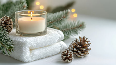 A relaxing winter spa arrangement featuring fluffy white towels, a lit candle casting warm light, and natural pine elements. The setting evokes a sense of calm and tranquility.の素材