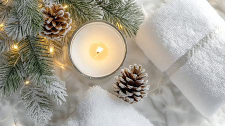 A relaxing winter spa arrangement featuring fluffy white towels, a lit candle casting warm light, and natural pine elements. The setting evokes a sense of calm and tranquility.の素材