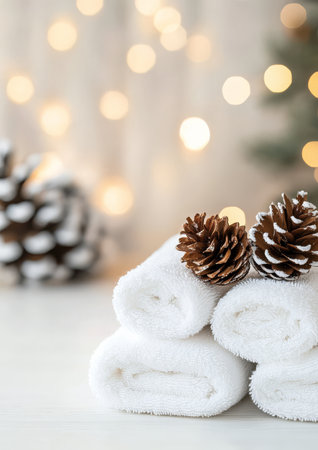 Two white towels are stacked neatly, adorned with pinecones, set against a blurred background of twinkling lights and festive decorations during winter. The atmosphere feels cozy and inviting.の素材