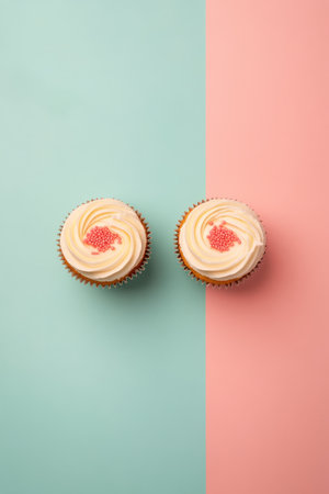 Two frosted cupcakes topped with pink sprinkles are placed on a split background of pink and blue colors. The setup creates a joyful and festive atmosphere suitable for parties.の素材
