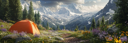 A bright orange tent is pitched on a scenic trail amidst a lush field of wildflowers, with majestic snow capped mountains in the background and clear blue sky above.の素材