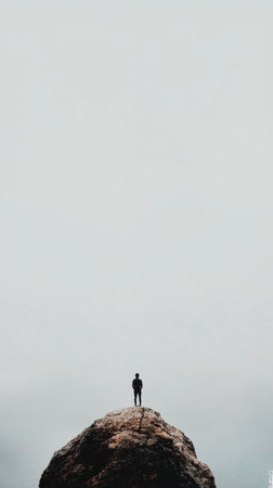 A solitary figure stands on a rocky mountain peak, surrounded by misty hills and soft sunlight. The serene atmosphere showcases the beauty of nature and solitude at dawn.の素材