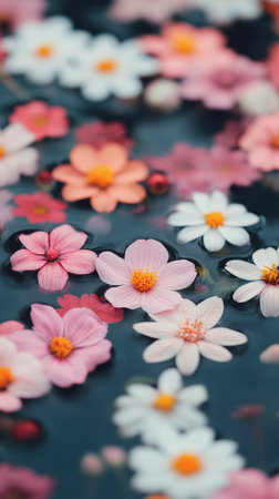 Delicate pink and white flowers gently float on a dark water surface, creating a tranquil and peaceful visual. The arrangement includes various blossoms that enhance the serene setting.の素材