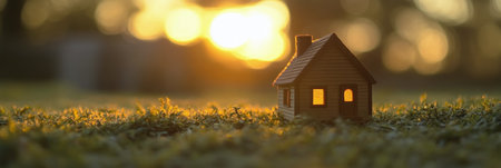 A small wooden house sits on lush green grass as the sun sets in the background, casting a warm golden light over the serene landscape. This tranquil scene evokes feelings of comfort and calm.の素材