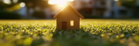 A small wooden house sits on lush green grass as the sun sets in the background, casting a warm golden light over the serene landscape. This tranquil scene evokes feelings of comfort and calm.の素材