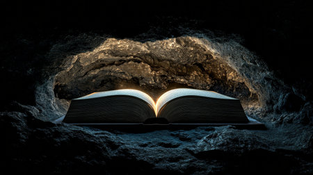 Two hands hold gently an open book, with sparkling light radiating from its pages. The dimly lit background enhances the magical atmosphere of reading and imagination.の素材