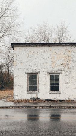 A weathered white wall displays two windows, surrounded by peeling paint.の素材