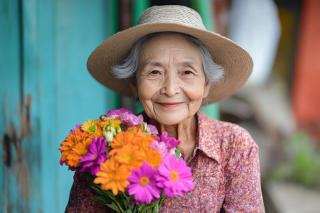 An elderly woman stands against a colorful backdrop, holding a bouquet of bright flowers. She wears a wide brimmed hat and a patterned blouse, radiating joy and warmth.の素材