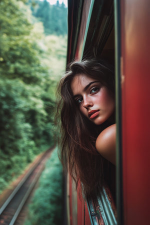 A young woman leans out of a train window, her long hair flowing in the breeze. She gazes thoughtfully into the lush green forest scenery alongside the railway track.の素材