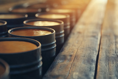 Rows of beautifully colored barrels are organized within a spacious warehouse. The barrels in various colors highlight efficient industrial storage while creating a visually engaging atmosphere.の素材