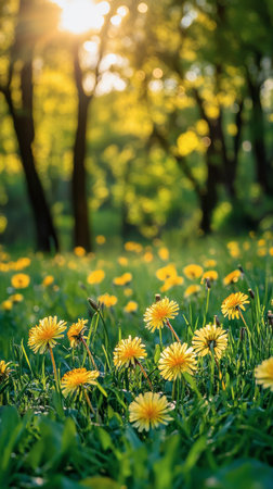 A vibrant meadow showcases blooming dandelions and wildflowers under soft sunlight. The enchanting golden hour illuminates the lush greenery and creates a serene outdoor atmosphere.の素材