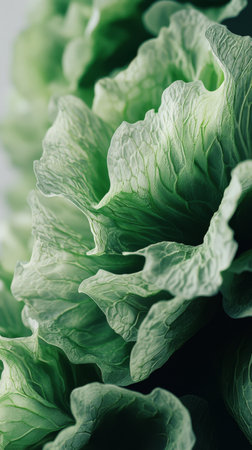 Close up view of a leafy plant displaying vibrant green colors and intricate textures. The ruffled edges and layered leaves highlight the beauty of natural forms.の素材