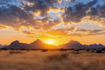Vibrant sunset paints the sky with orange and purple hues as it sets behind distant mountains. Tall grasses sway gently in the foreground, creating a serene atmosphere in natures beauty.の素材