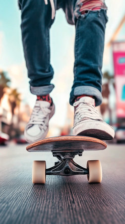 A young skateboarder is showcasing impressive tricks on a skateboard in a bustling urban environment. The sun is setting, casting warm light on the scene as people and cars pass by.の素材