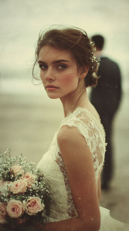 A bride stands on the beach, gazing down at her bouquet of pale roses and baby's breath. The groom can be seen in the background, adding a romantic touch to the coastal setting at sunset.の素材