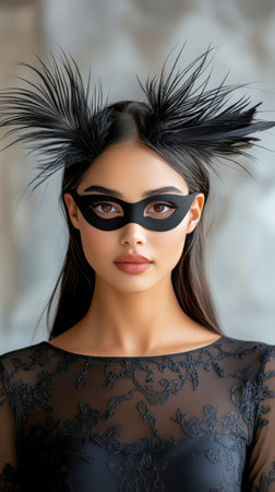 A woman wearing an ornate mask decorated with blue feathers gazes captivatingly. Her striking blue eyes contrast with her dark hair, creating a mysterious and enchanting look at dusk.の素材