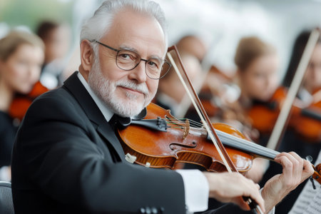 An experienced violinist plays passionately in a formal concert setting, surrounded by fellow musicians. The atmosphere is enhanced by the elegant atmosphere and attractive audience.の素材
